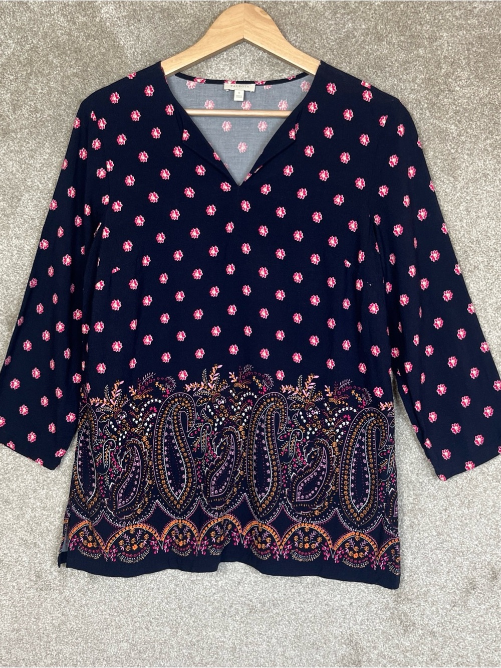 Talbots Blouse Womens Small Blue Pink Floral Rayon 3/4 Sleeve Pullover- 5099